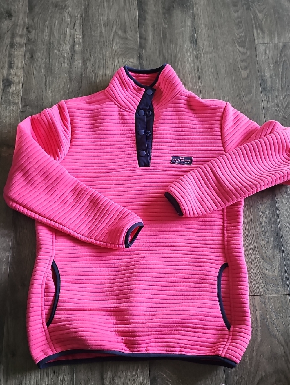 Simply Southern Pink Quilted Top Navy Trim Pull over Sweatshirt Small Women